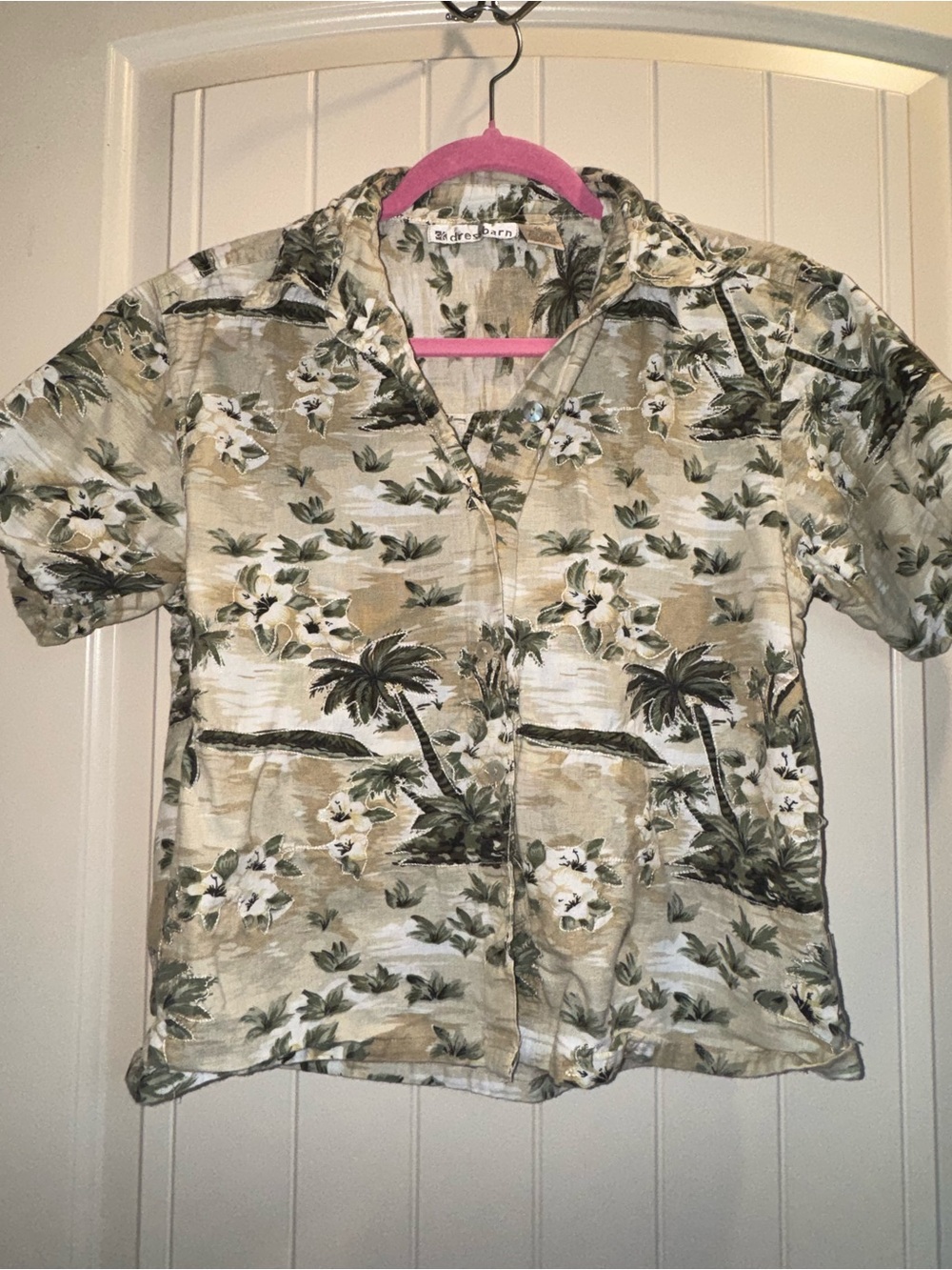 dressbarn Beige Green White Tropical Palm Button-Down Shirt